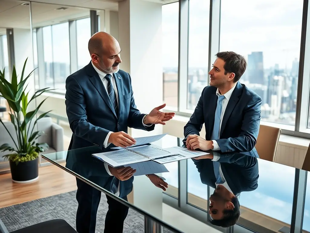 A professional business consultant is shown in a modern office setting, advising a client on e-export strategies, with charts and data visible on a large screen in the background.