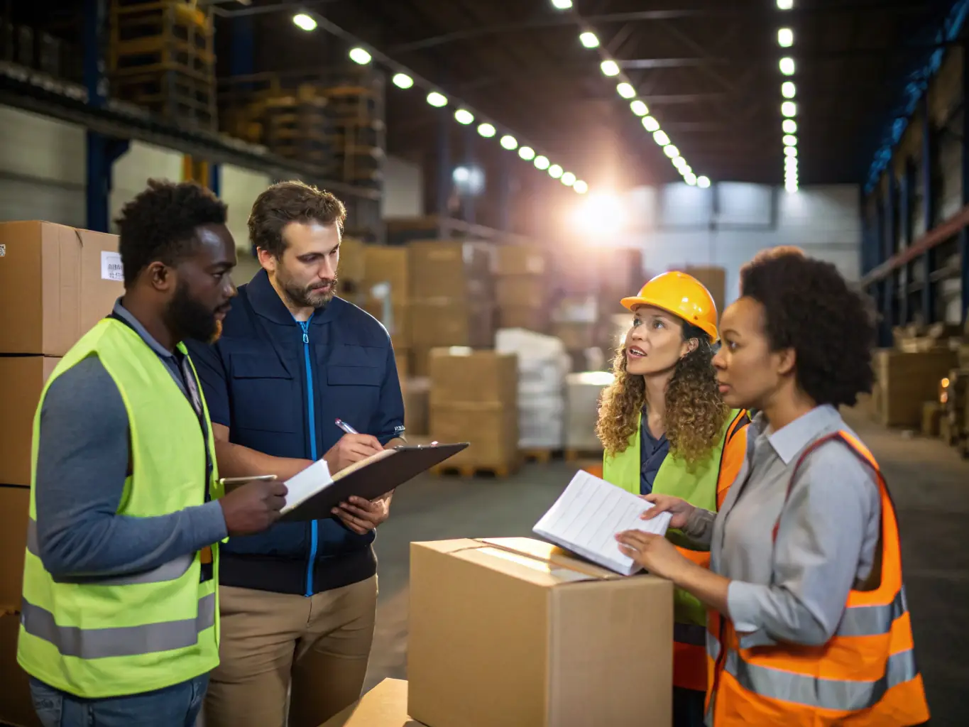 A logistics expert is overseeing the international shipping process in a modern warehouse, with packages labeled for various countries and a focus on efficient and secure delivery.