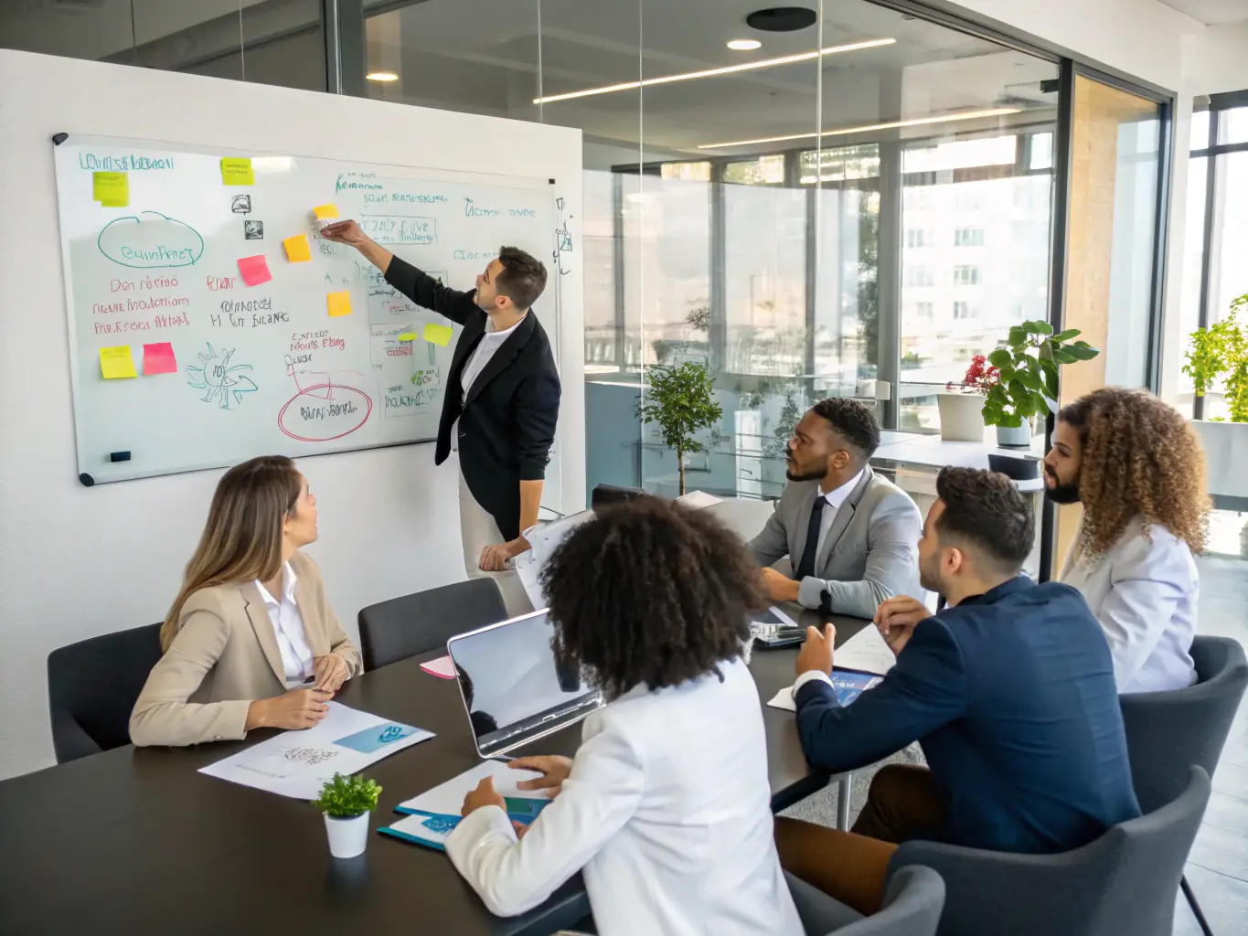 A diverse team of Huma Dijital consultants collaborating on a global e-commerce strategy, using laptops and engaging in a brainstorming session in a brightly lit conference room.